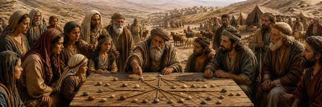 An elder tracing family branches with cords and stones before many ancestral households
